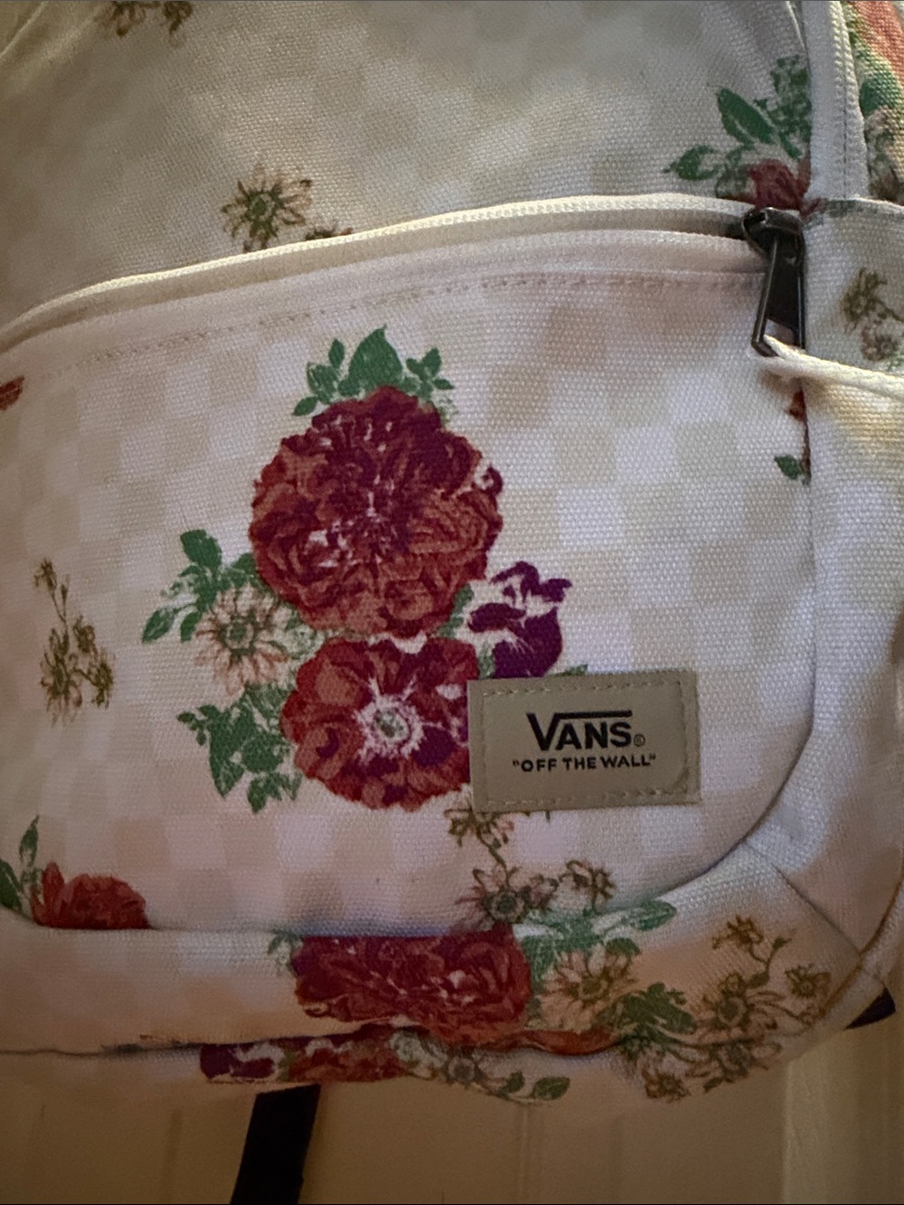 Vans ~ Cream Floral Check Backpack with Red Rose Accents NWOT - Picture 2 of 5